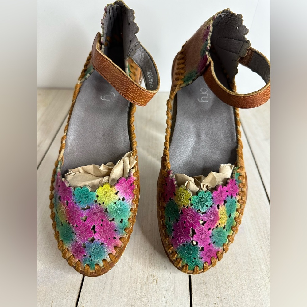 Women’s Socofy sandals Boho style leather multi colored floral adjustable SZ 6